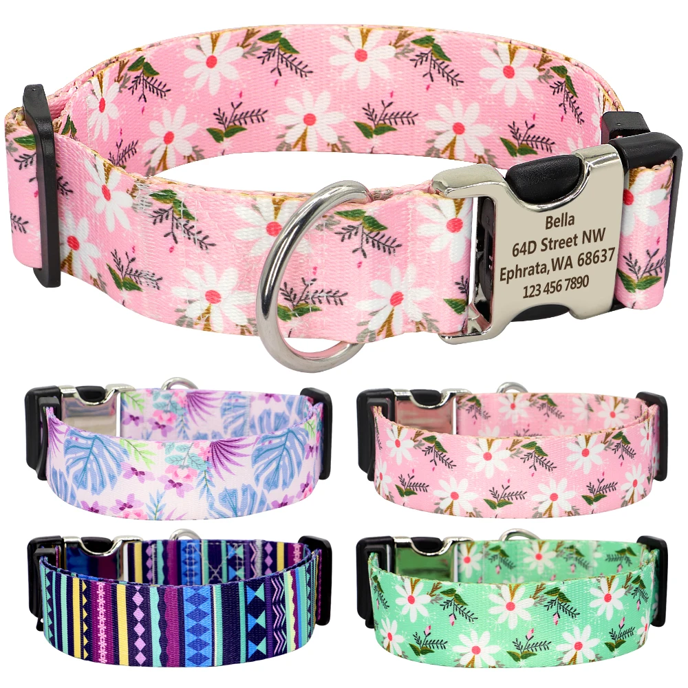 

Personalized Dog Collar Flower Printed Custom Dog Collar 3.8cm Width Engraved Name ID Adjustable For Medium Large Dog Pitbull