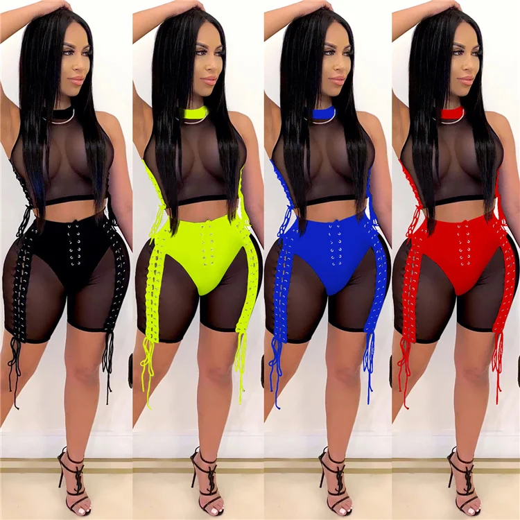 

Nightclub Women Lace Up Sexy Tracksuit Two Piece Set Mesh See Though Patchwork Tops and Shorts Suit Club Party Fitness Outfits, Customized color