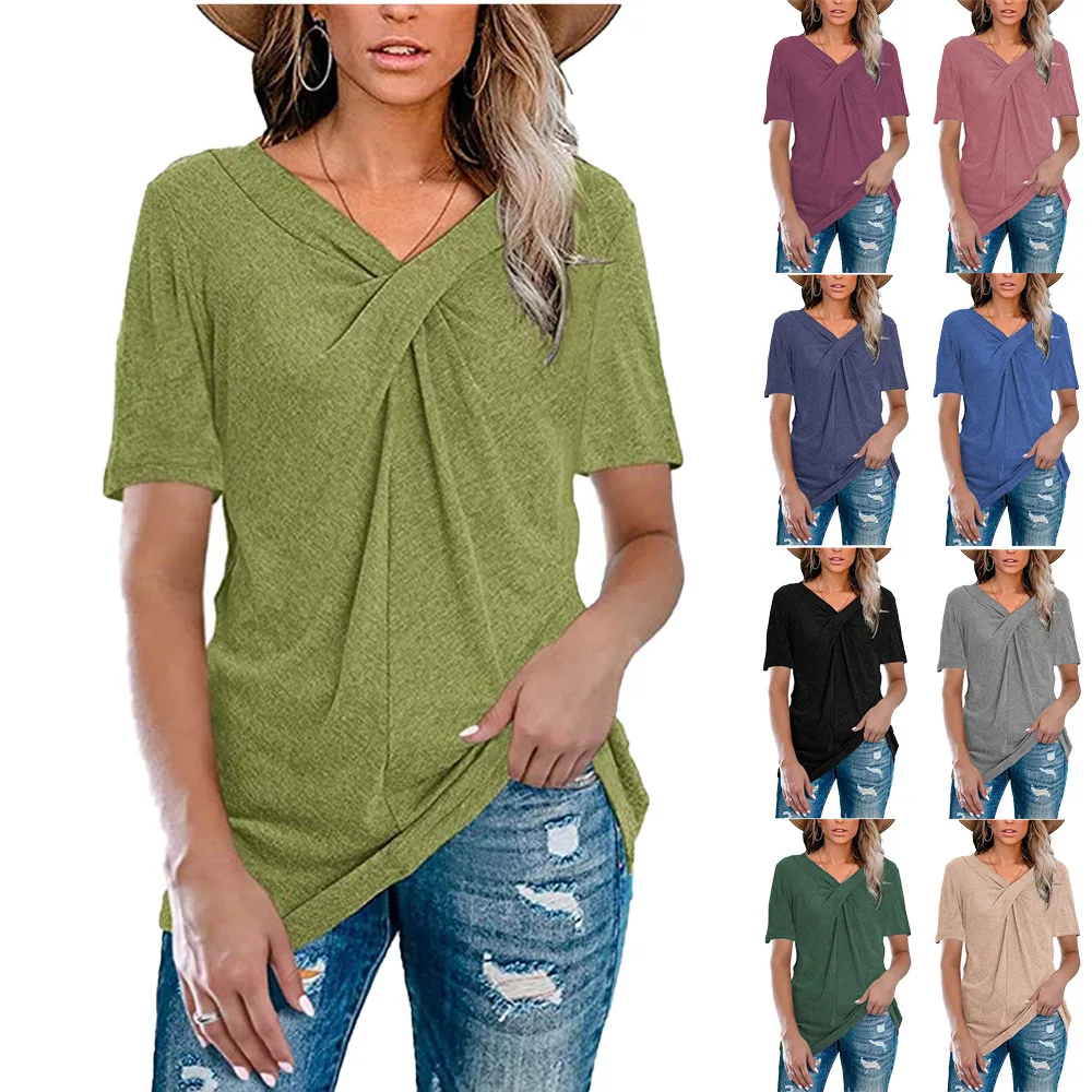 

Free Shipping Solid Color Women Summer New Knot Loose Casual Wearing Women Solid T Shirt, Optional