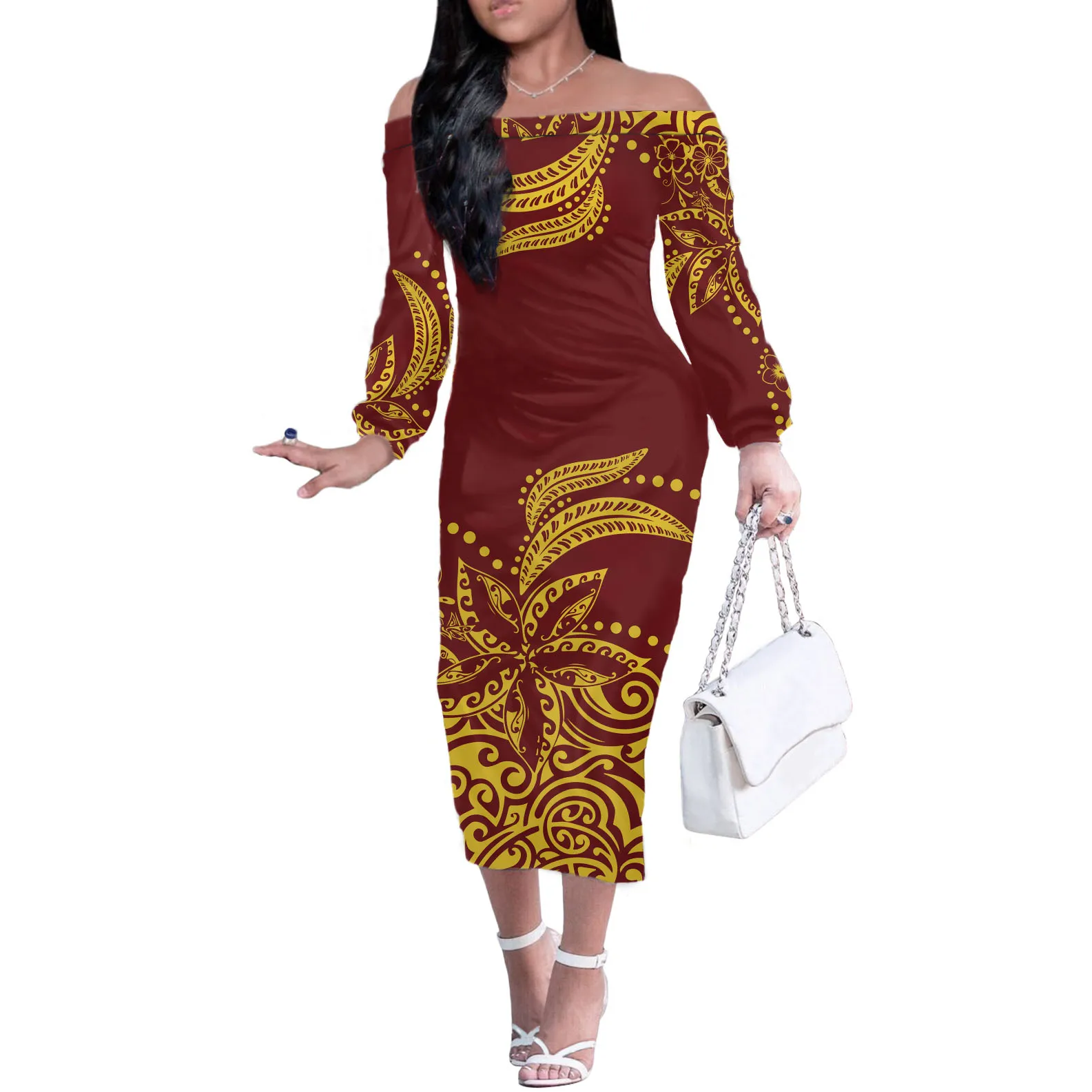 

Red 2021 Polynesian Tribal Yellow Flower Women Dress Custom Print Plus Size Long Sleeve Off Shoulder Bodycon Dress Lady, Customized color