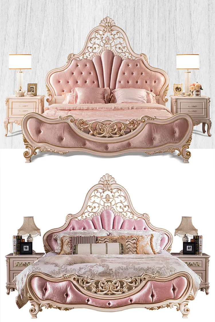 European Style Solid Wood Master Bedroom Wedding Bed Golden Carved Pink