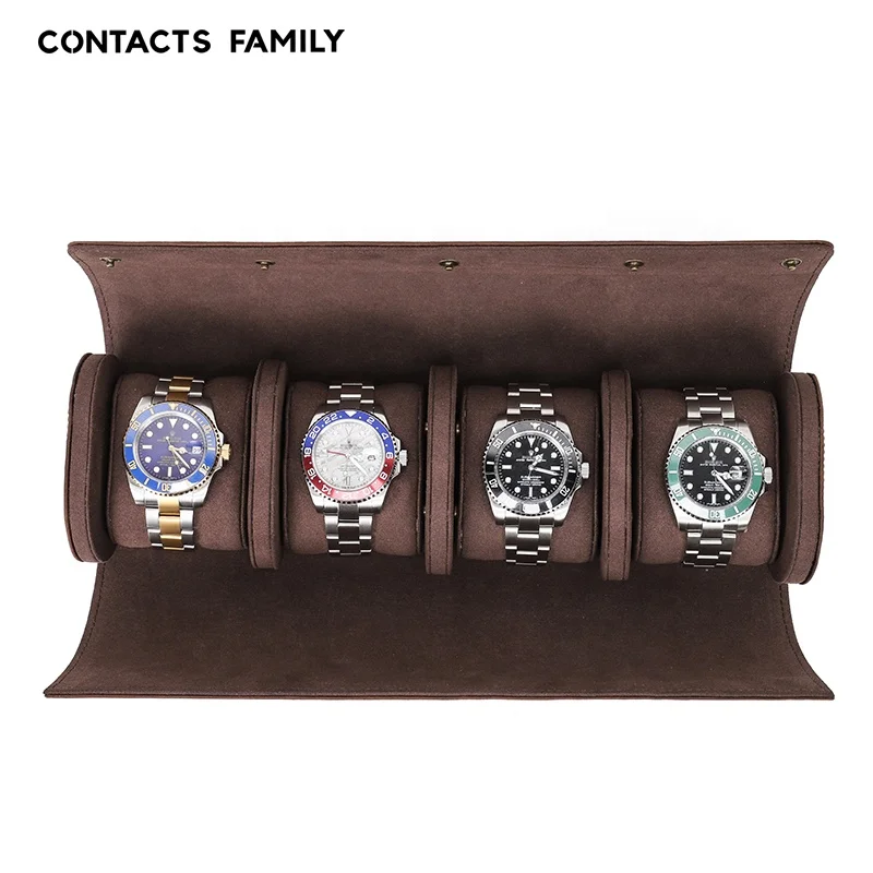 

CONTACTS FAMILY Band Crazy Horse Cowhide Jewelry Storage Case Box Private Label Watches Holder 4 Slots Leather Watch Roll, Coffee