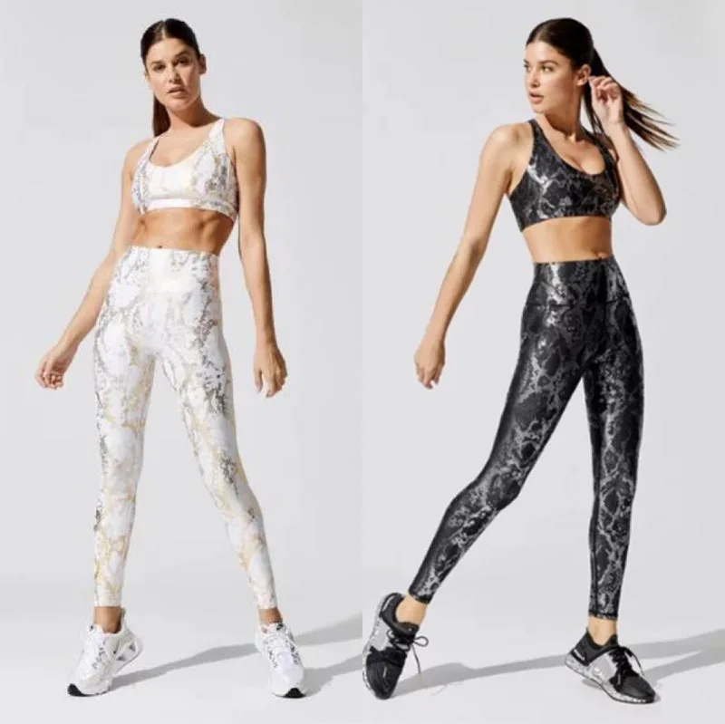 

Metallic snake running yoga suit for women hot gold yoga fitness suit