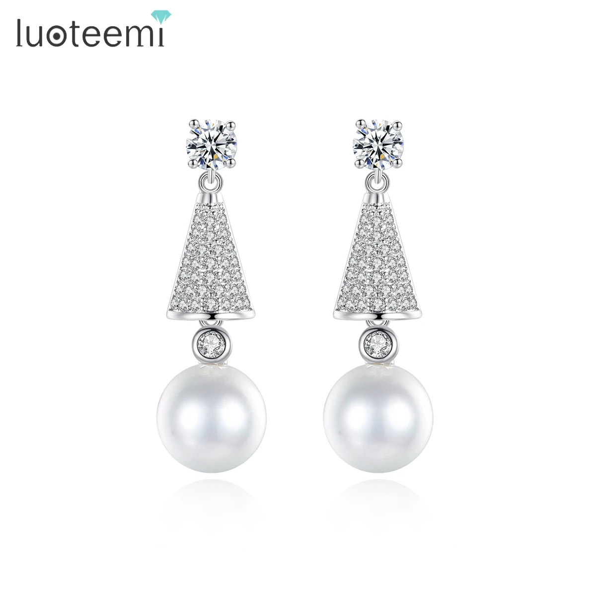 

LUOTEEMI Luxury New Fashion Women Zircon Micro Paved White Imitation Pearl Dangle Earrings