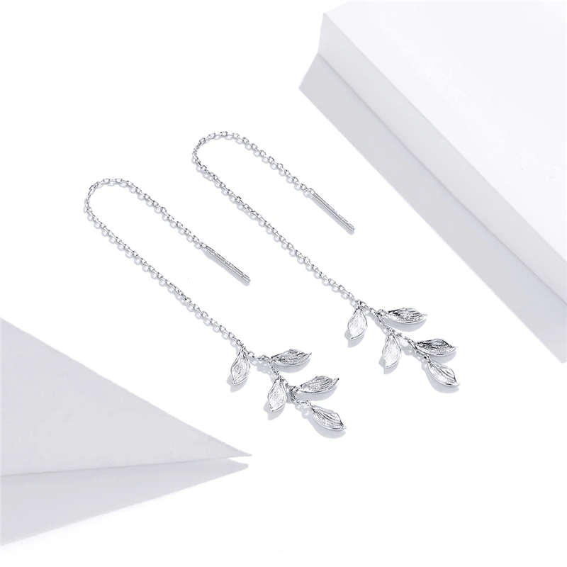 

New Style 925 Silver Leaves Long Drop Unique Fashion Earrings Women