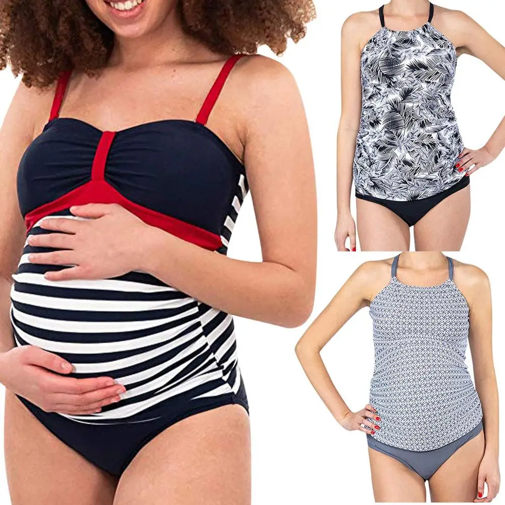 

Women Maternity Swimsuit Summer Pregnant swimwear Plus Size Beach Wear Striped Print Bikini 2pcs/set Stock Wholesale