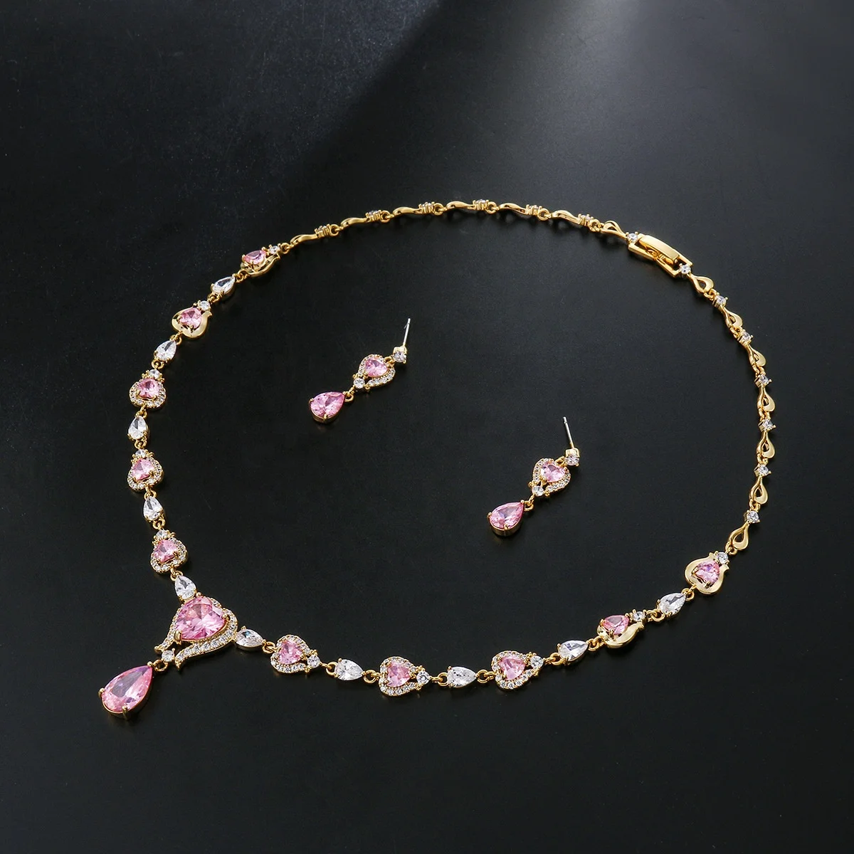 

Hot selling simple pink cubic zirconia wedding jewelry sets inlay luxury heart water drop pendant necklace earrings bridal set, Customized color