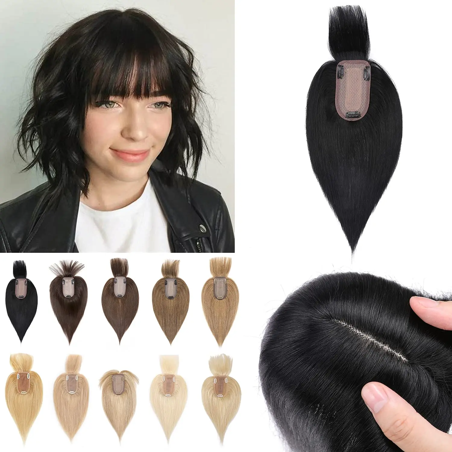 

Clip in Human Hair Toppers with Wispy Bangs 150% Density Silk Base Crown Top Hairpieces with Fringe Clip on Remy Hair Toupee Wig