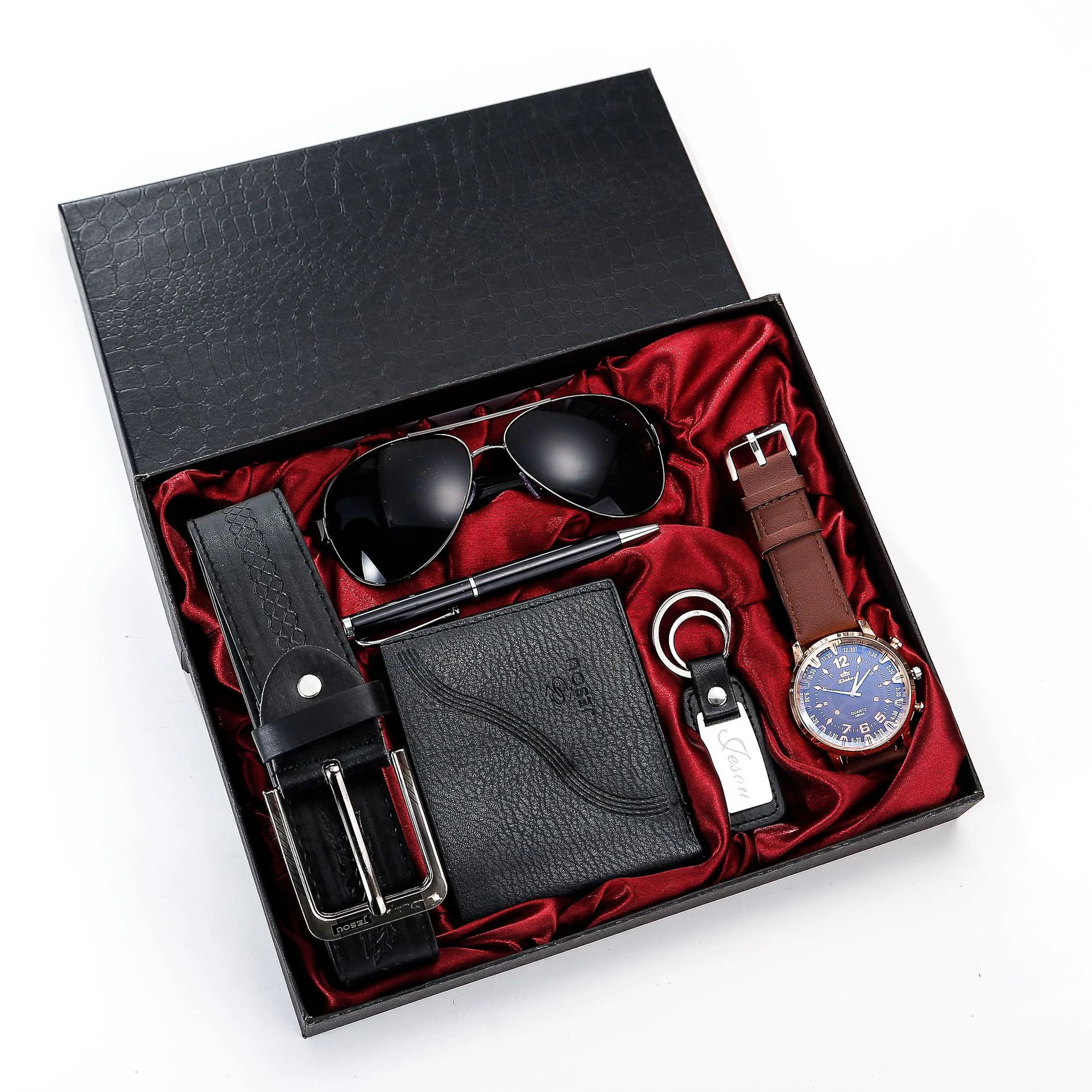 

Luxury Set Custom Brand Men's Watch Sunglasses Wallet Belt Keychain 6pcs For Husband Couple Boyfriend Dad Wallet Gift Set, Black/brown/coffee