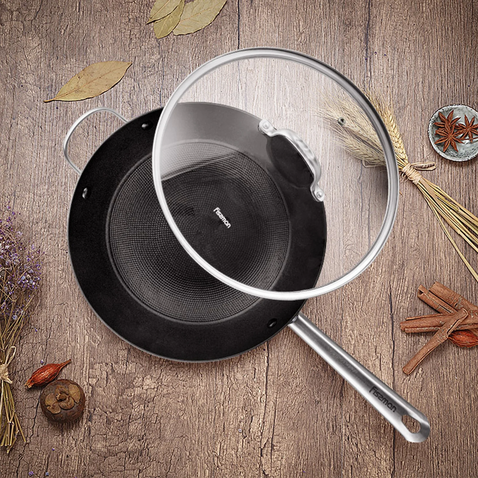 Fissman Cast Iron Wok Iron Woks Deep Frying Pan Cookware With Glass