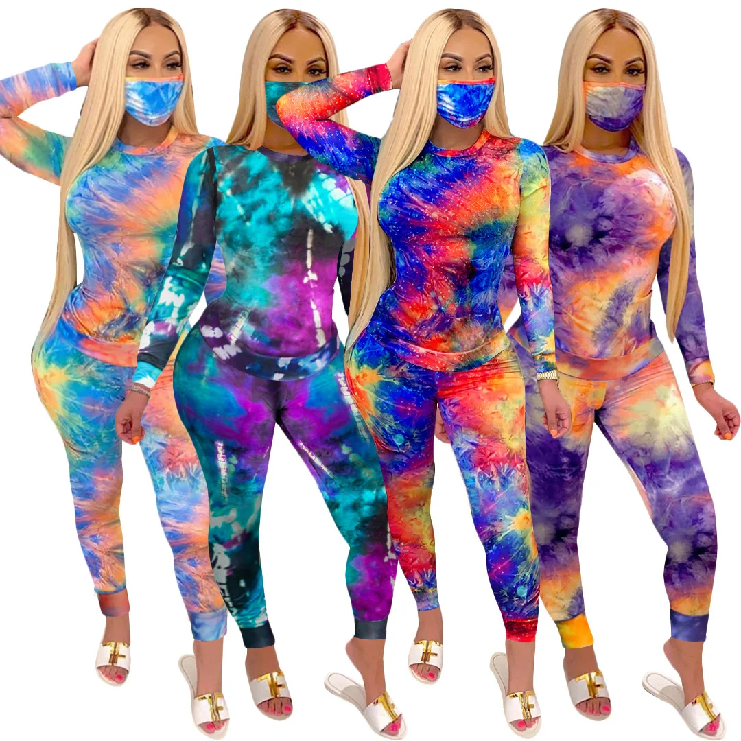 

Foma S3825 Trendy clothing tie dye sets women latest design 2020 fall 2 piece set women tracksuit set 4 colors, As pictures