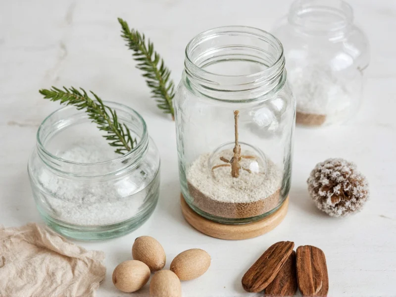 Recycled glass jar with snow globe materials