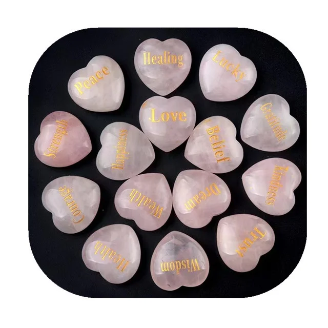 

New arrivals 30mm carved love crystal crafts natural pink rose quartz heart shaped stone with words runes for gift