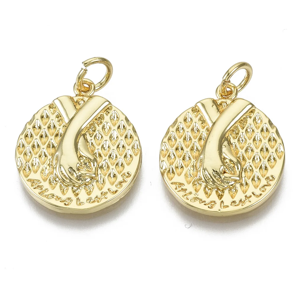 

Pandahall 18K Gold Plated Flat Round Couple Hand Brass Pendants, Real 18k gold plated