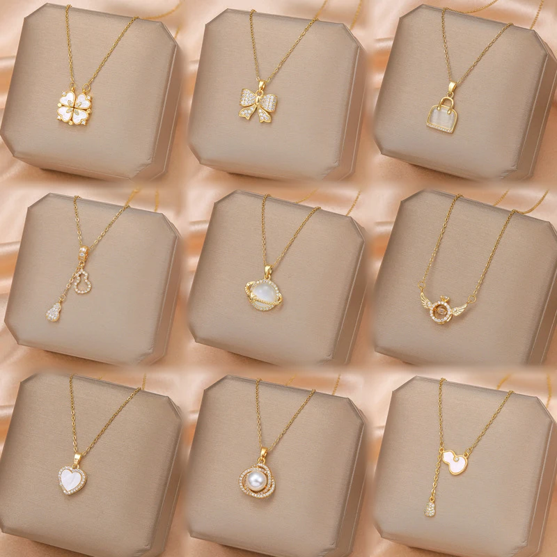 

Luxury stainless steel 18K clover necklace gold diamond butterfly fashion star moon pendant women's clavicle chain jewelry