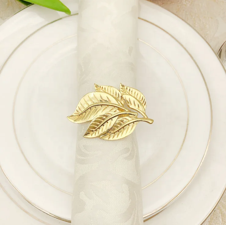 

Cheap wholesale hot-selling hotel restaurant desktop decorative metal leaf shaped napkin ring, Gold, silver