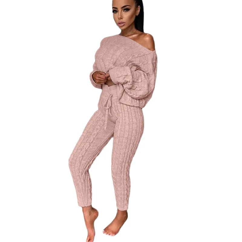 Factory Solid Color Women Sweater Two Piece Pants Set Clothing Long ...