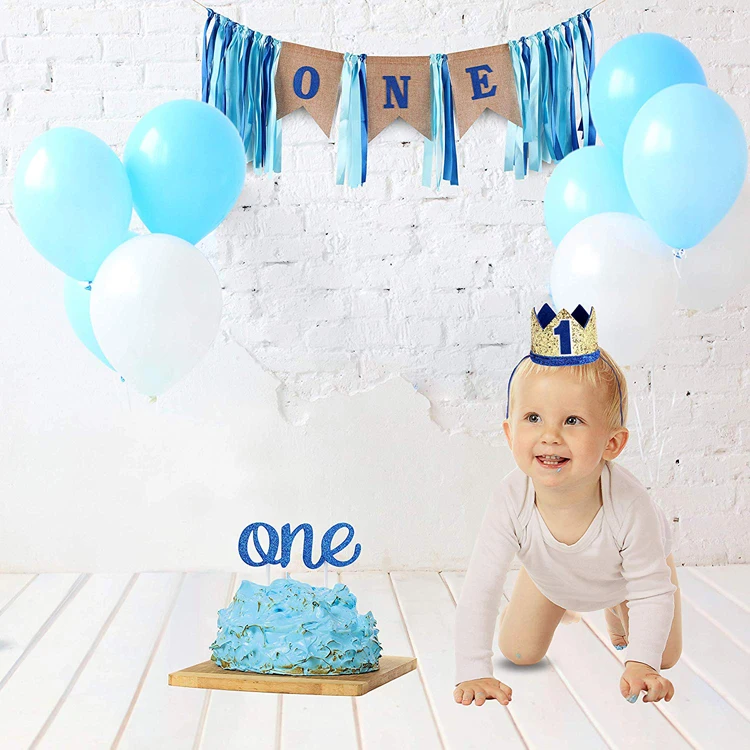 

Birthday Party Supplies Decoration - ONE Banner Cake Topper Prince Crown For 1st Birthday Boy Decorations