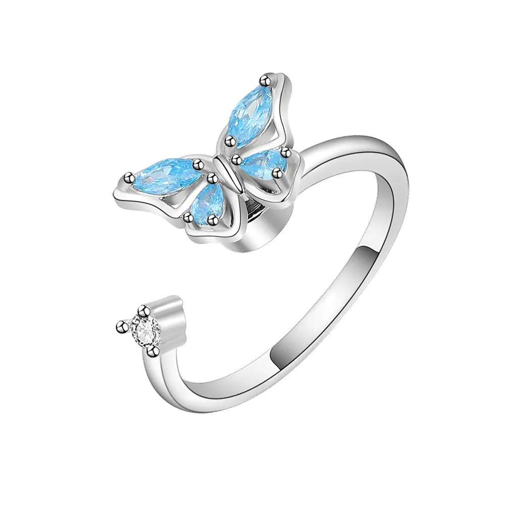 

Adjustable Open Rotatable Blue CZ Diamond Butterfly Spinner Anxiety Ring