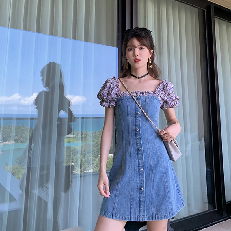 

Summer casual Denim dress on trend Puff short sleeve square neck floral patchwork Denim slim women mini Dress, As picture