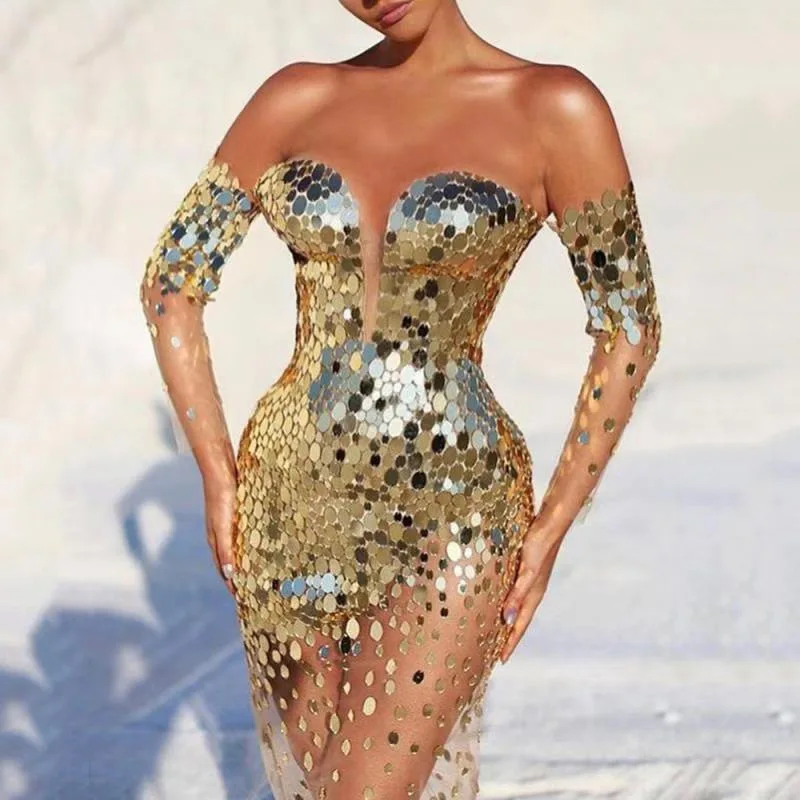 

Sparkly gold mirror dress singer stage show host one-shoulder annual meeting evening dress spring elegant dresses