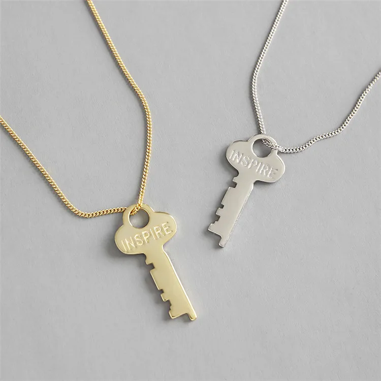 

925 Sterling Silver Heart Key Clavicle Necklaces Inspirational Message Key Pendant Necklace, As picture
