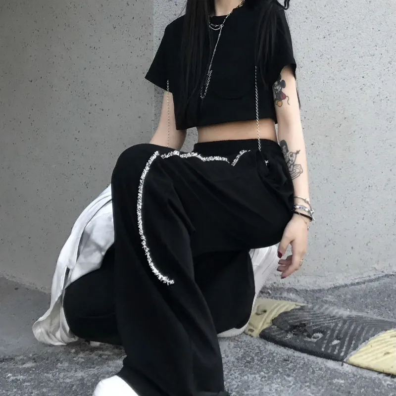 

Goth Harajuku Black Wide Leg Pants Women Gothic Streetwear 2021 Spring Korean Fashion Straight Oversize Casual Trousers