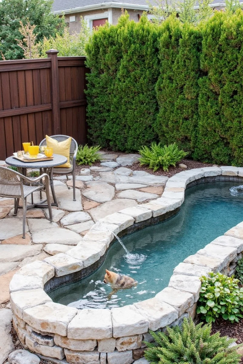 A tiered pond system on a patio with cats and dogs interacting safely around each level.