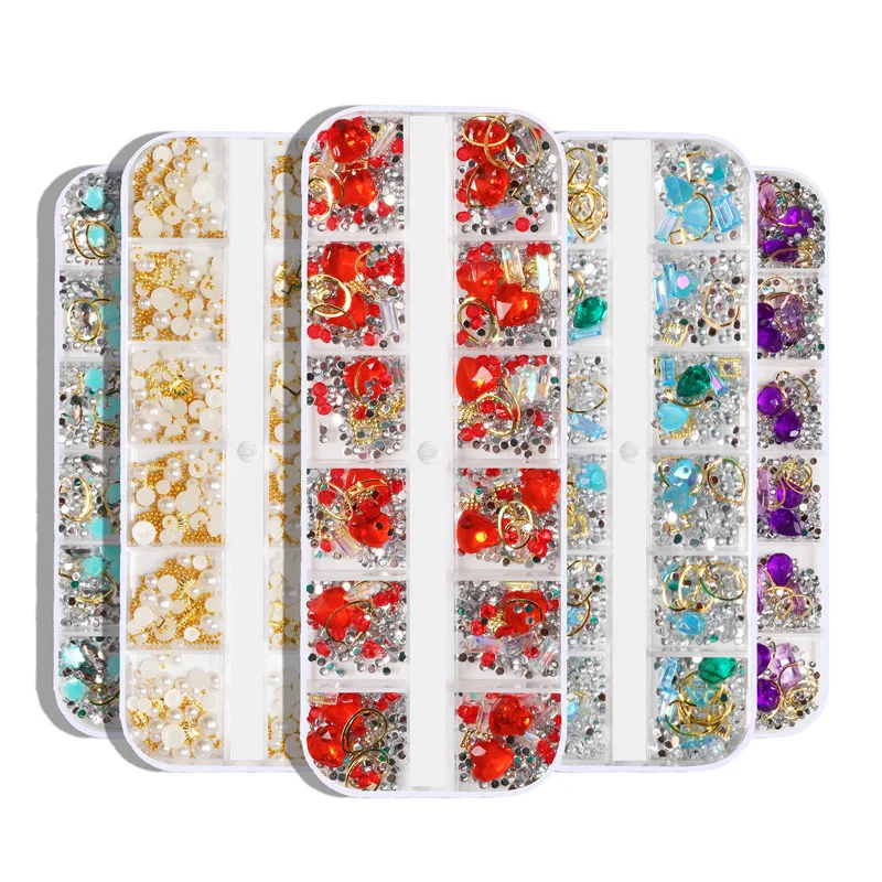 

12 Grid Nail Art Decorations Box Mixed Crystal AB Rhinestones Pearls Metal Rivets Studs Glass Jewelry Shiny Manicure Accessories