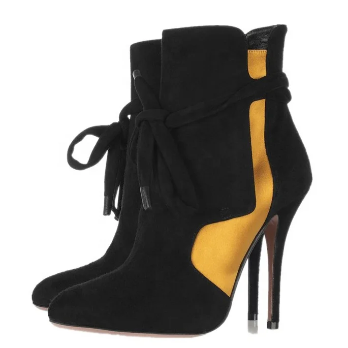 

Yellow Black Color Match Women Short Boots High Heels Patch Suede Pumps Big EU Size 47 Stiletto Shoes Ankle Boots