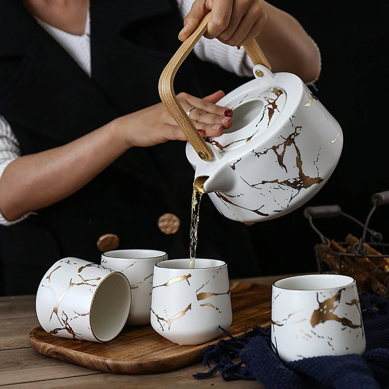 

Nordic style Marble design tea service set with black or white glaze fashion golden design coffee cup and tea set, Black+golden , white+golden
