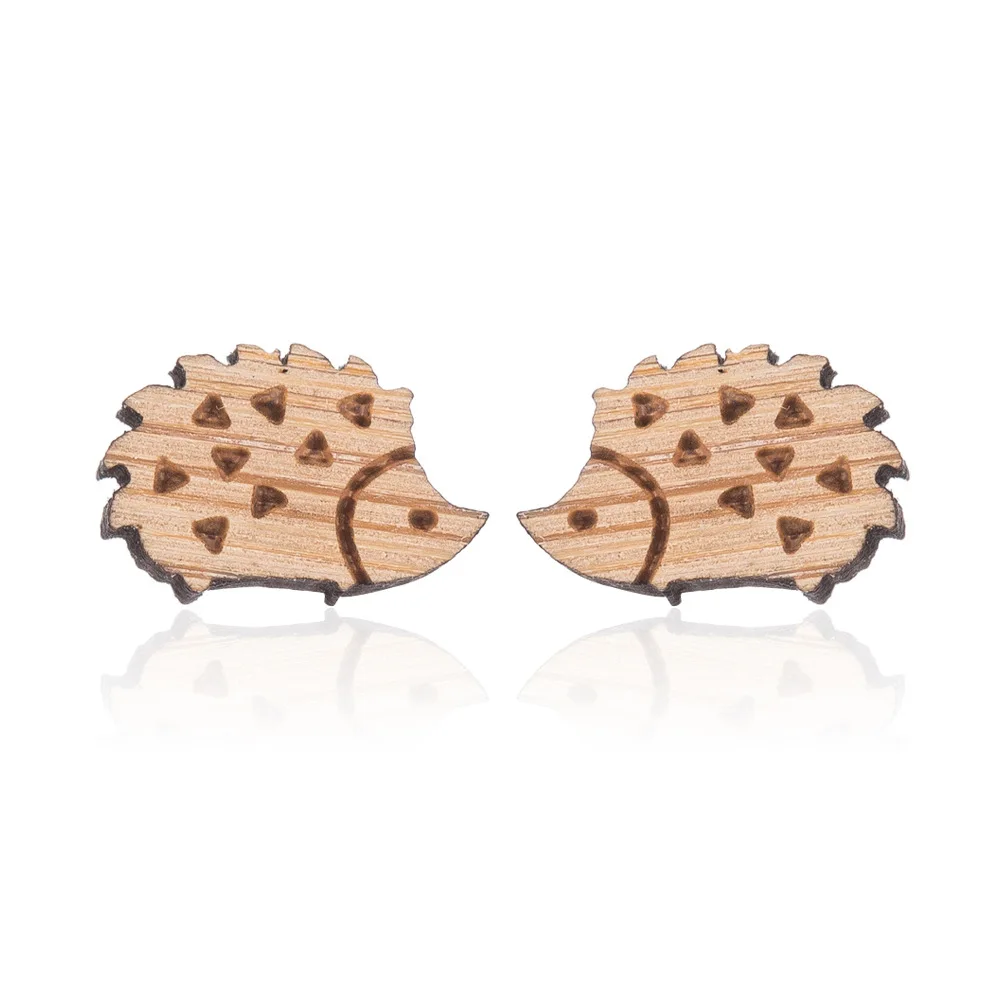 

New Arrival Lovely Natural Wood Animal Stick Earrings Cute Mini Wood Hedgehog Stud Earrings For kids, As picture