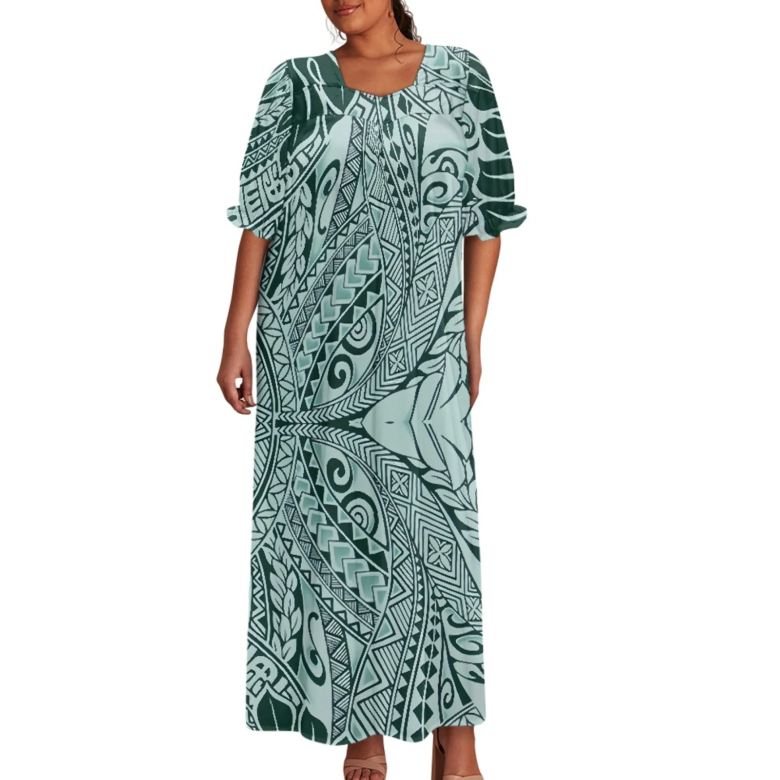 Latest Green Design Large Size Hawaiian Tapa Micronesian Mumu Dress Custom Polynesian Tribal Print Puff Sleeve Puffy Dress Women