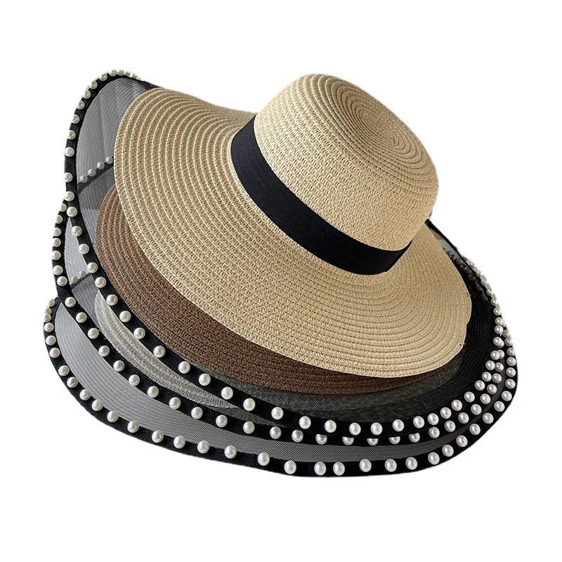 

Womens Sun Floppy Sombreros Beach Straw Hat Pearl Hats Paper Wholesale Custom Logo Summer Wide Brim Oversize Lady Adults Female