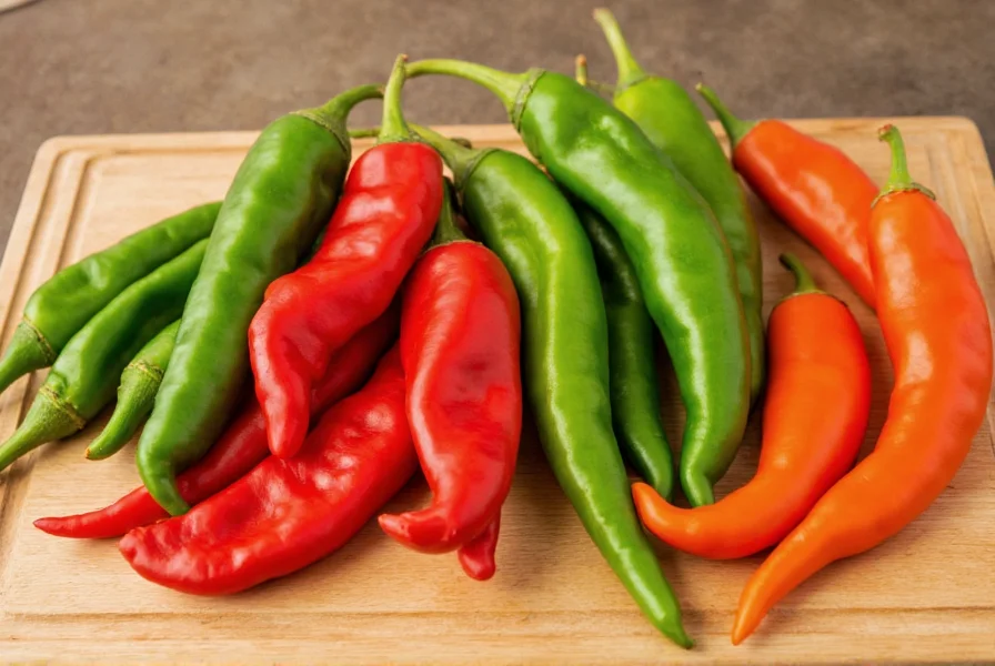 Fresh Southwest pepper varieties including New Mexico chiles, Anaheim peppers, and Hatch chiles arranged on wooden cutting board