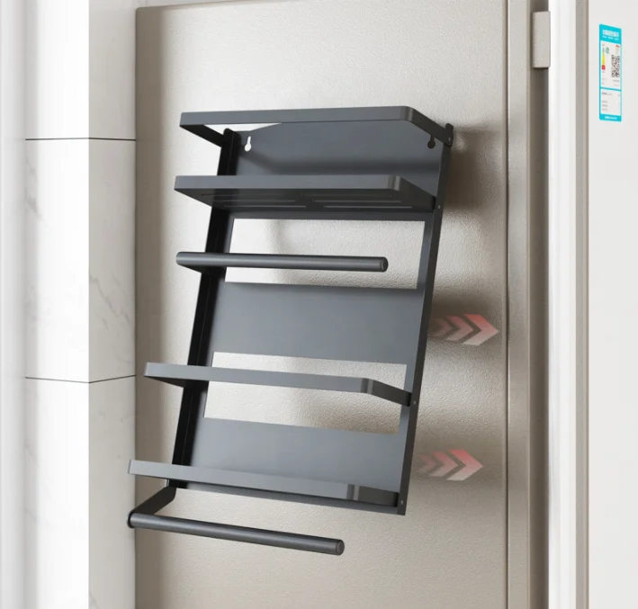 

Household magnetic refrigerator rack kitchen storage holder organizer paper towel rack free punch seasoning fridge organizer, Black,white,sliver