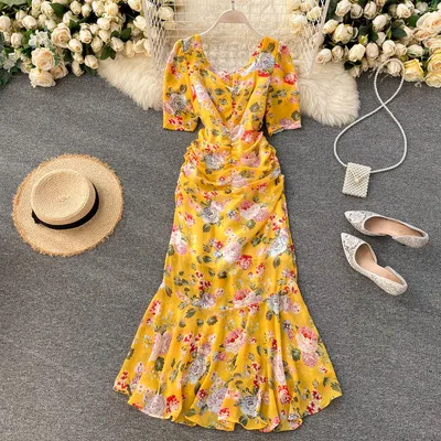 

2020 Latest Designs Women New Fashion Slim Floral Printed Mermaid Dress