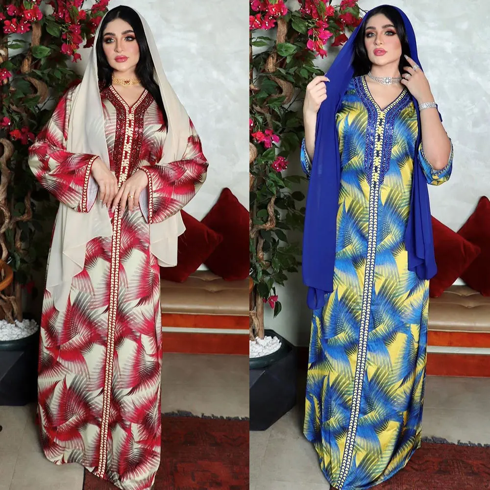 

2136 kuwii 2021 long autumn print Southeast Asian style middle east islamic clothing abaya dubai muslim dresses for women, Blue, red