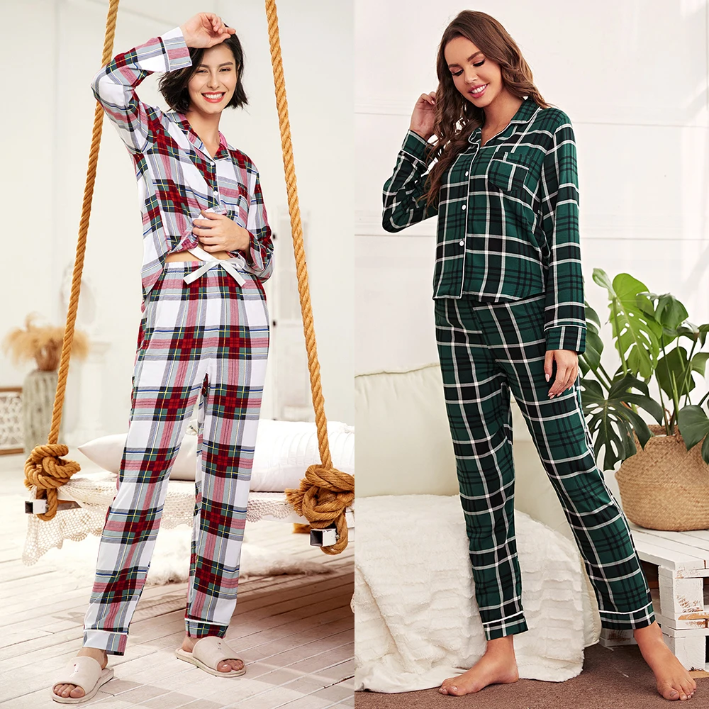 

Plaid print 100% rayon thermal girls night sleep wear suits pyjama clothes pj sets 2 piece longsleeve pajama for women winter, Colorful plaid