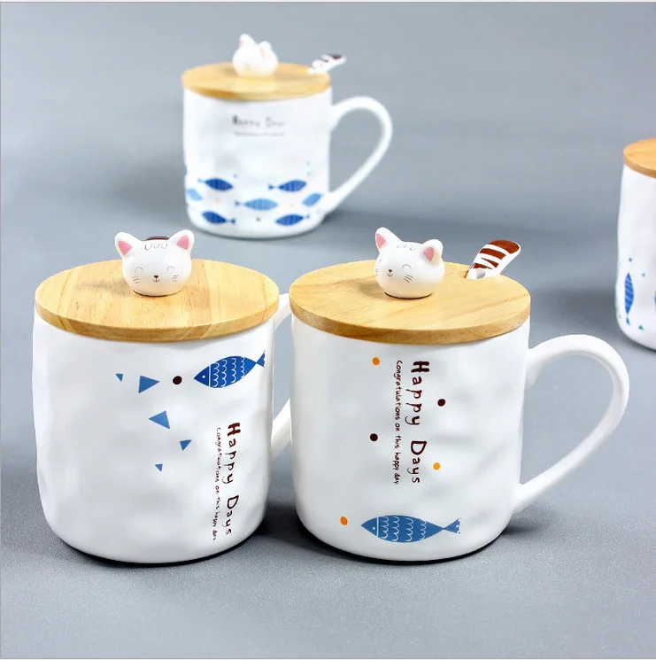 

Japanese style cat fish cute cartoon ceramic coffee mug with lid Breakfast milk cereal cup with spoon for boys girls kids women, As image