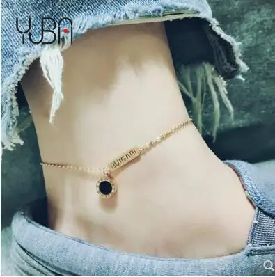 

Luxury Famous Women Gold Plated Jewelry Roman Numerals Anklet Classic Stainless Steel Black Onyx Round Anklets Foot Chain