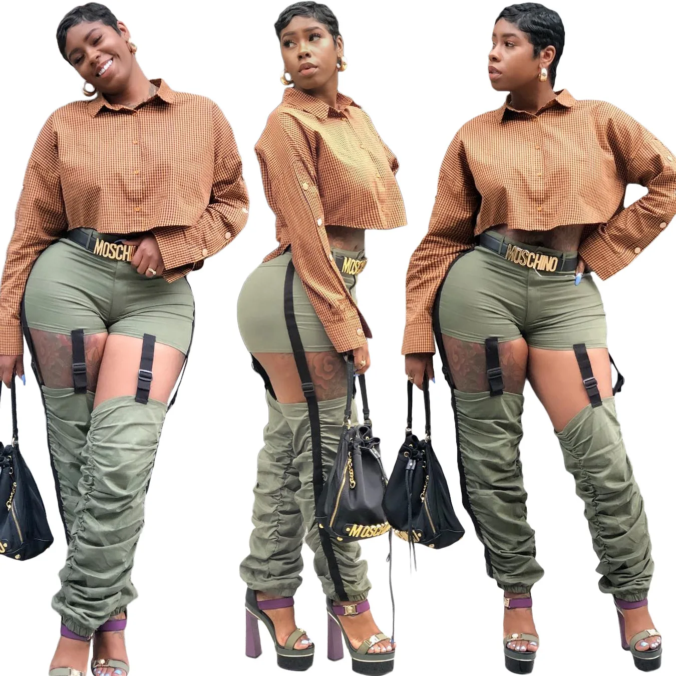 

ORF109 Middle waist funky pleating adjustable cargo pants versatile casual stacked pants for woman, Green