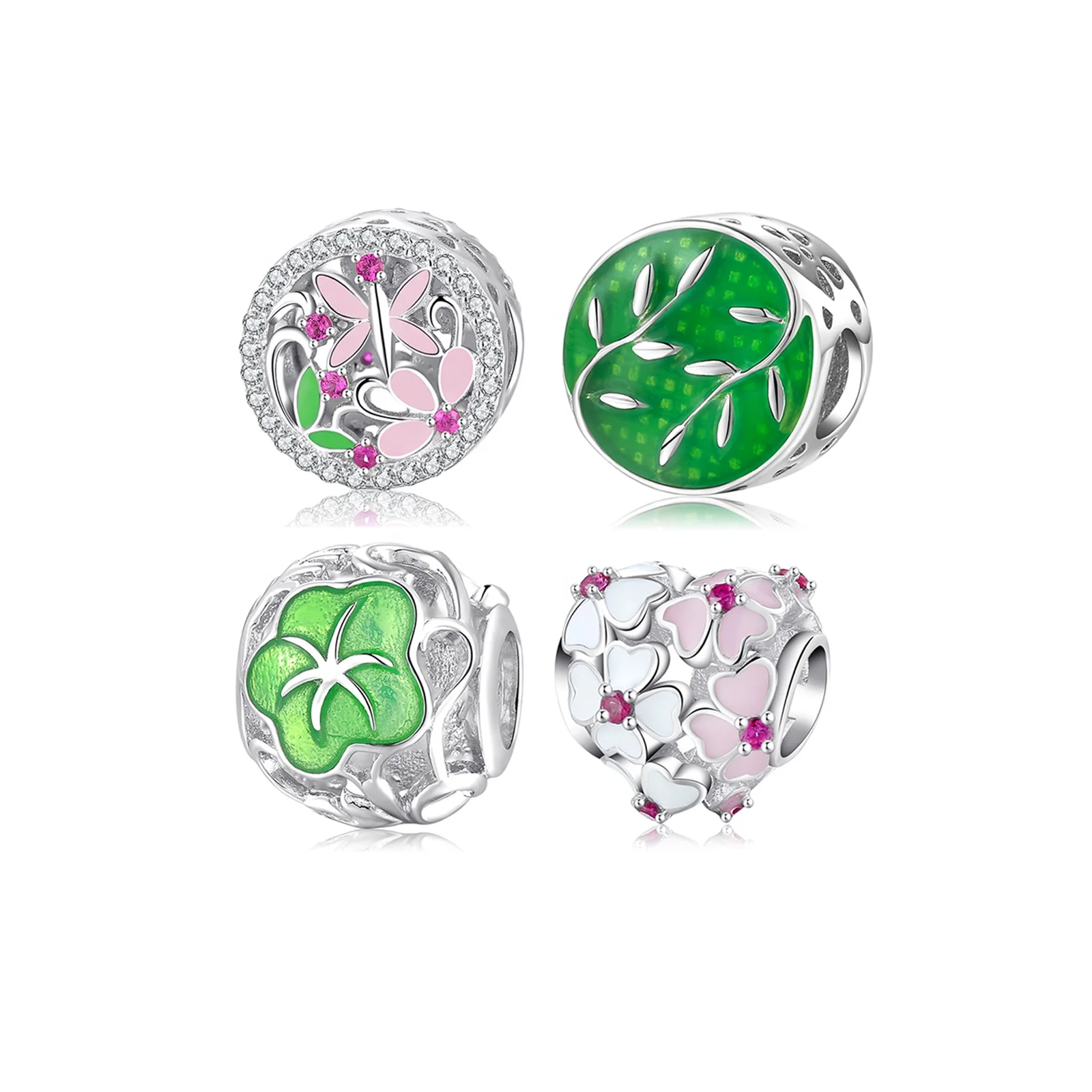 

Real 925 Sterling Silver Heart CZ Pink Lucky flower Enamel Pink and White Beads Charms for Bracelets Jewelry making Wholesale