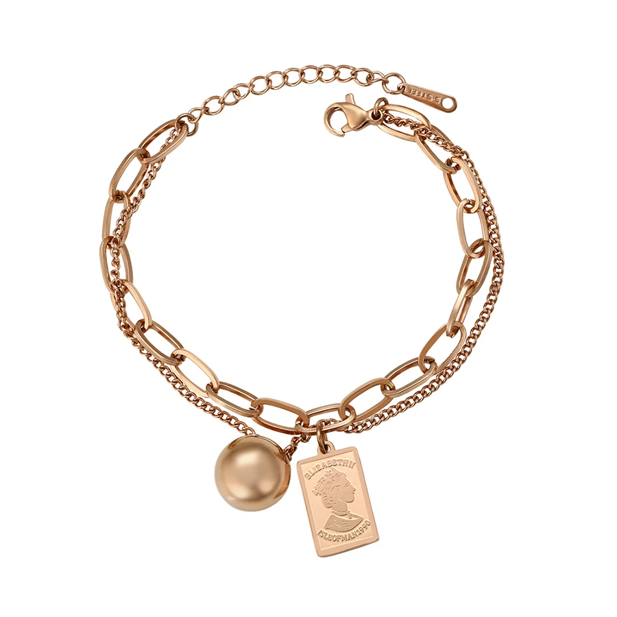 

A00574771Xuping new gold plated rose gold double-decked Cuban Link bracelet with a stainless steel queen pendant