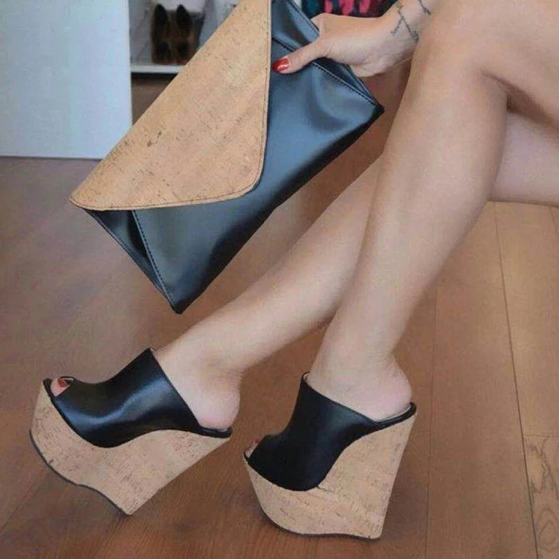 

Newest Peep Toe Platform Wedge Slippers Black Summer Shoes Woman Sexy Super High Sandal Slippers Black 35-42 Mules