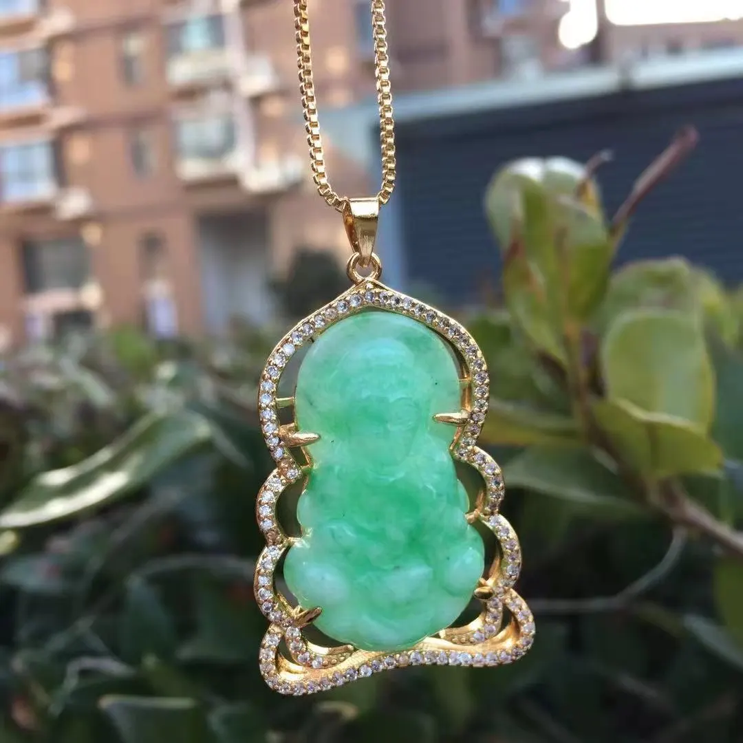 

Jialin Jewelry hot selling fashion 18k gold plated jade guanyin pendants green diamond around necklace