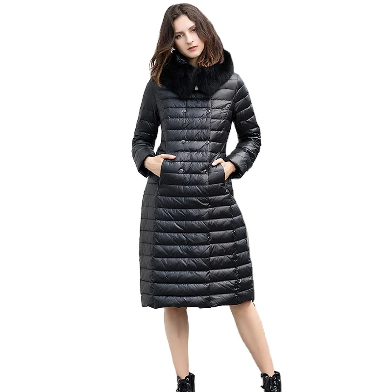 

Winter OL Long Knee-length Fox Fur Collar Slim and Thick Women Down Jacket, Shown