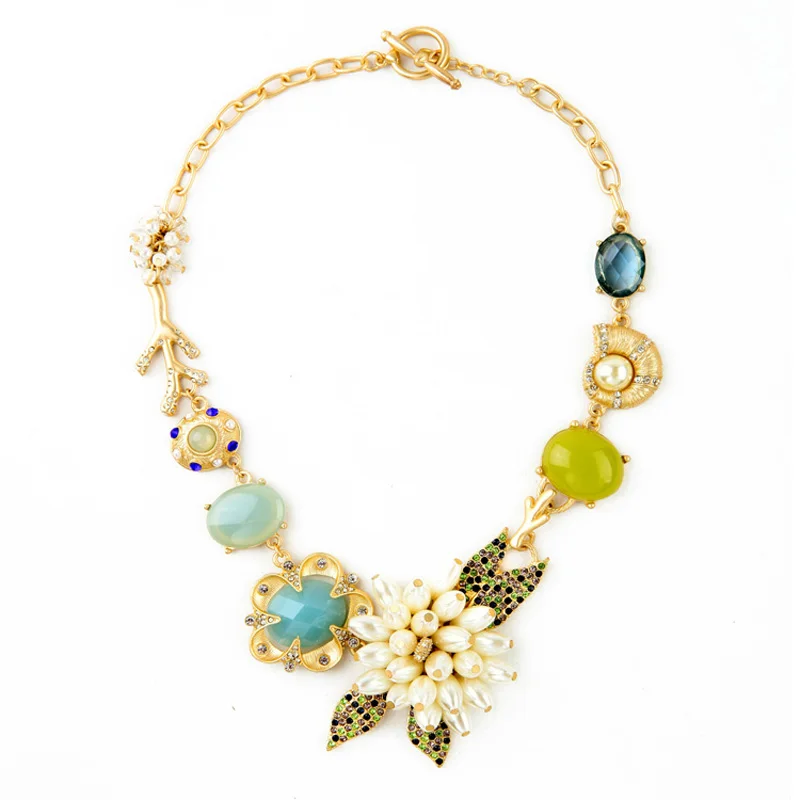 

xl00325 Gold Plated Link Chain Bijoux Crystal Rhinestone Gem Stone Jewelry Pearl Flower Luxury Statement Necklace Women