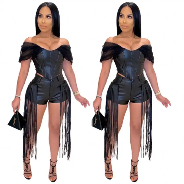 

New Arrival Women Fashion Clothing Off Shoulder Leather Short Pants Tassel Cool 2 Piece Set Womens Two Piece Sets