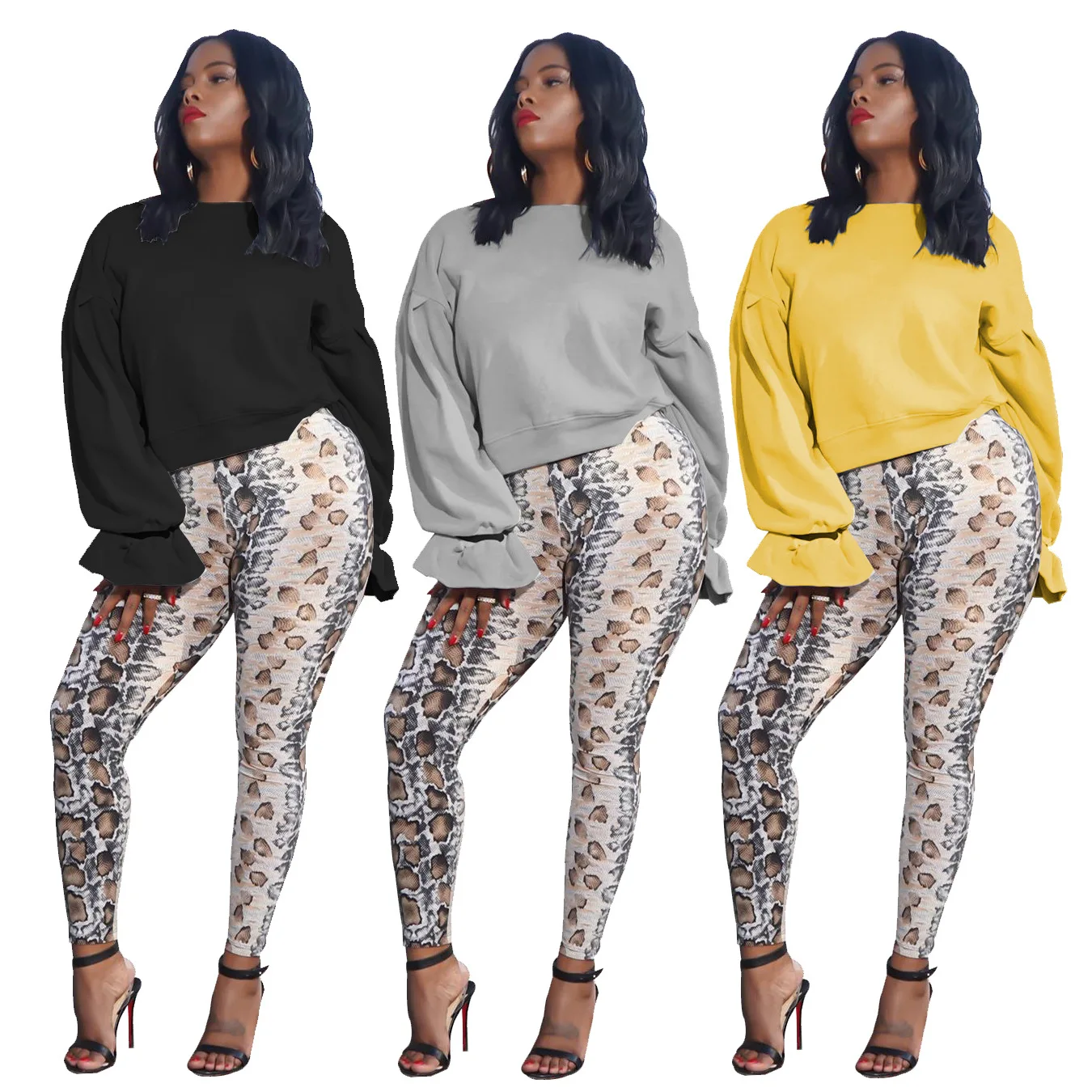 

B14721A 2020 Autumn Lady fashion pure color flare sleeve backless blouse lady top, Gray/blue